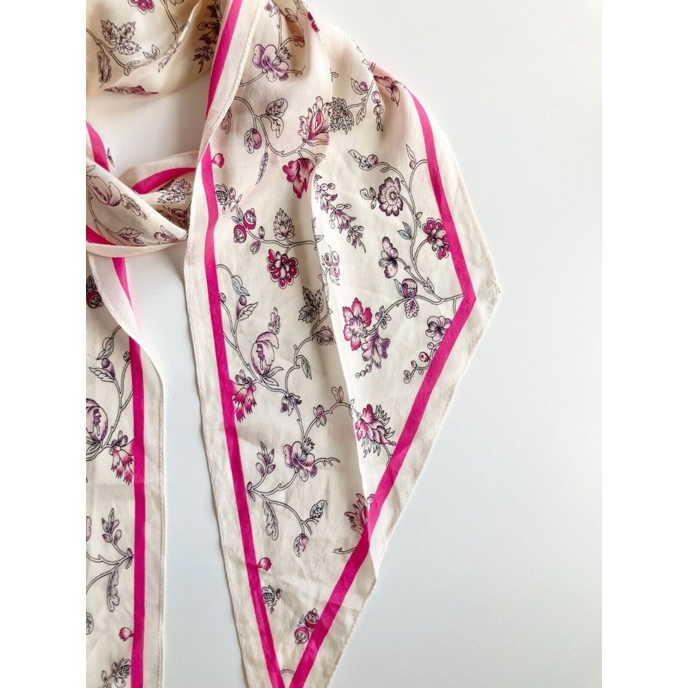 Vintage ANNE KLEIN Pink Ivory Floral Silk Crepe 68" x 8" Long Skinny Scarf - Picture 4 of 11